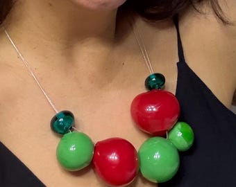 Murano Glass Bubble Necklace – Red & Green Hollow Blown Beads – Lightweight Art Glass Jewelry
