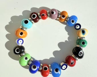 Colorful Murano Glass Evil Eye Bracelet, Handmade Lampwork, Bead Jewelry Gift for Her