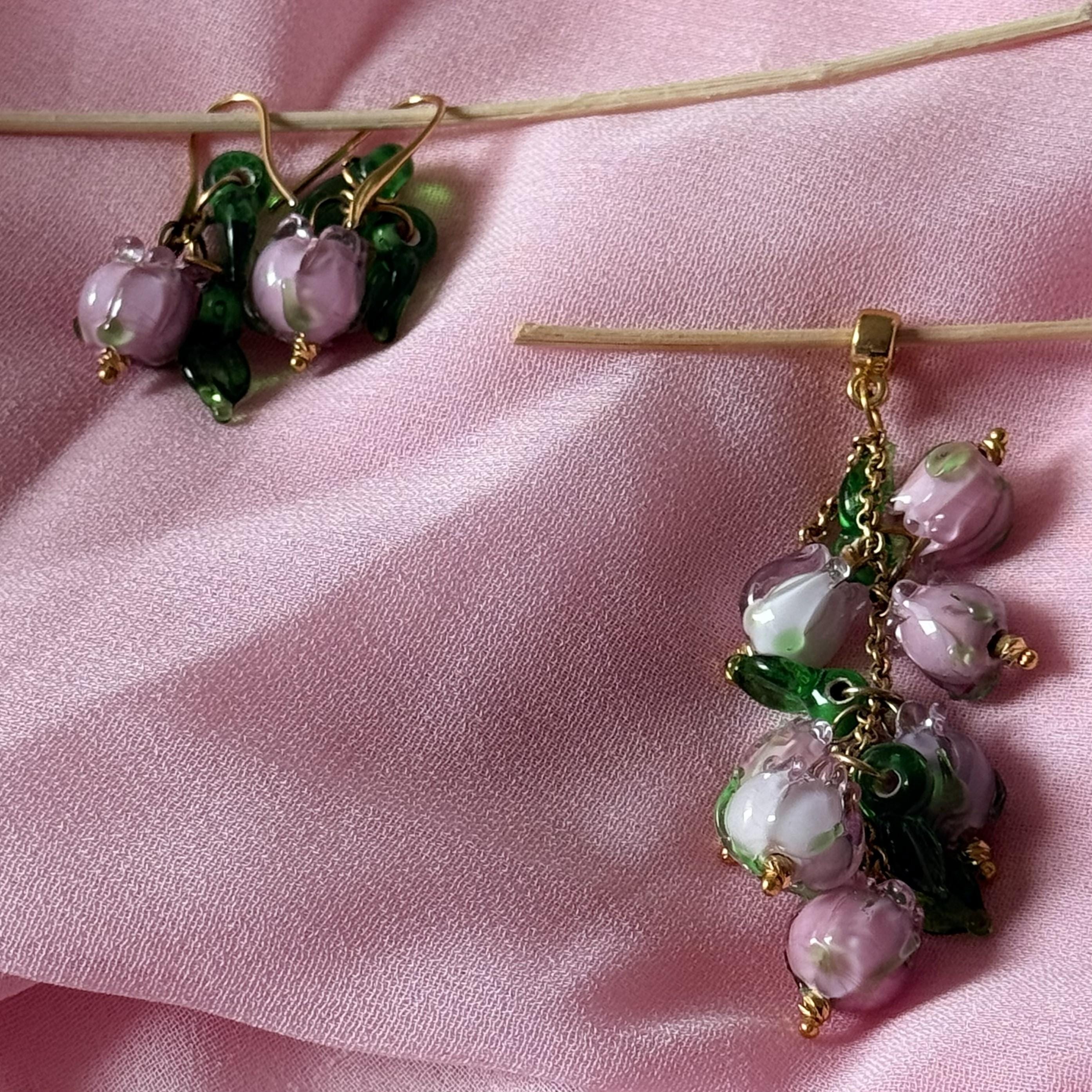 Pink Murano Glass Tulip Jewelry Set – Handmade Pendant Earrings 