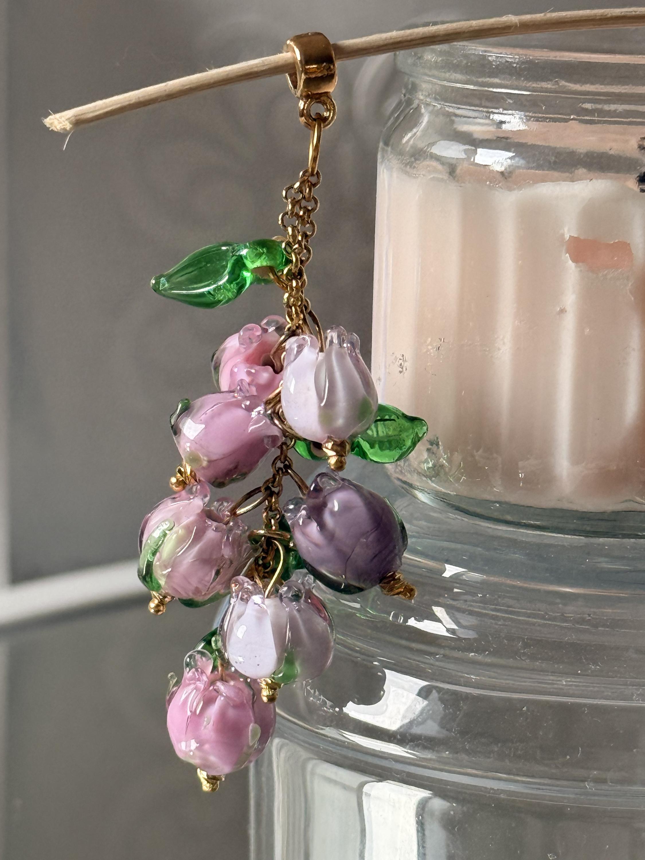 Pink Murano Glass Tulip Jewelry Set – Handmade Pendant Earrings 