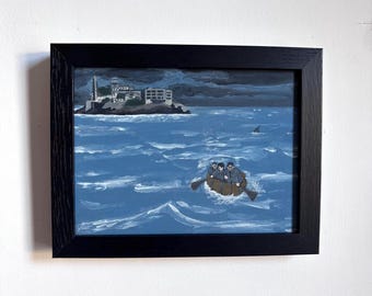 Escape From Alcatraz. Acrylic on board. Framed 18cm x 23cm