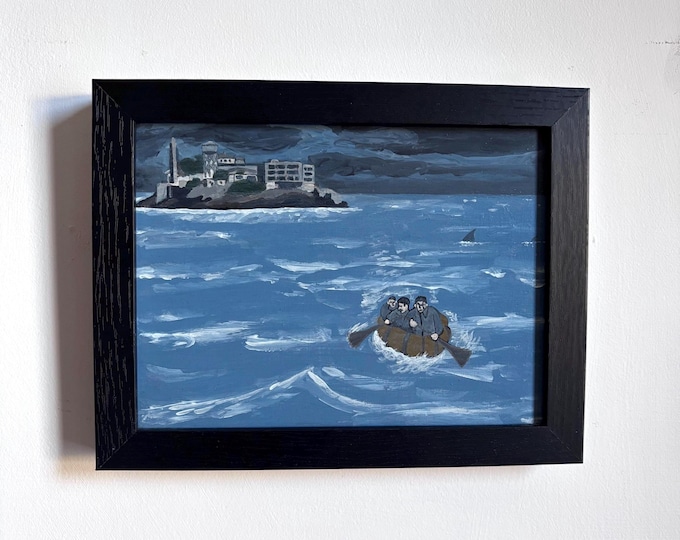 Escape From Alcatraz. Acrylic on board. Framed 18cm x 23cm