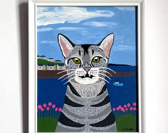 Harbour Cat. Acrylic on board. Framed 23cm x 28cm
