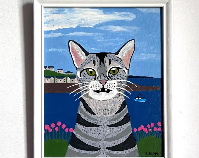 Harbour Cat. Acrylic on board. Framed 23cm x 28cm