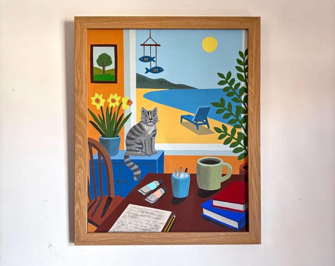 Cat and Two Fish. Acrylic on board. Framed 46cm x 56cm