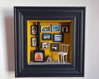 Sit By The Fire. Mixed Media. Frame size 22cm x 22cm x 4cm