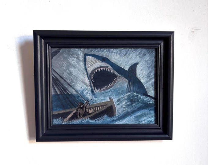 Big Shark, Small Boat. Acrylic on board. Framed 20cm x 25cm
