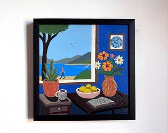 Wally At The Window. Acrylic on board. Framed 33.5cm x 33.5cm