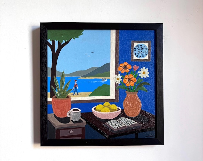 Wally At The Window. Acrylic on board. Framed 33.5cm x 33.5cm