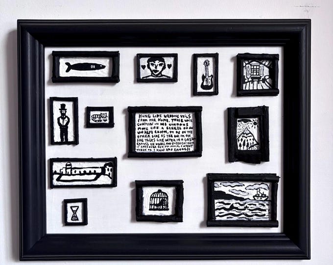 Black and White Wall. Mixed Media. Framed 29cm x 35cm