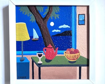 Moonlit Bay. Acrylic on board. Framed 26cm x 26cm