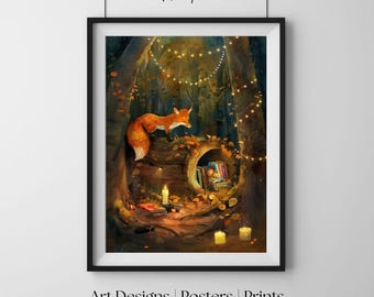 Lis i mysz w zaczarowanym lesie, fantazyjna sztuka ścienna z bajką, wydruk artystyczny ze zwierzętami leśnymi, przytulny plakat w stylu cottagecore