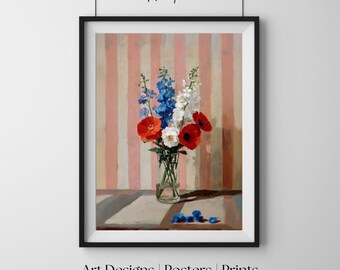 Bukiet maków i ostróżek, nowoczesna kwiatowa dekoracja ścienna, botaniczny wydruk artystyczny, plakat do salonu