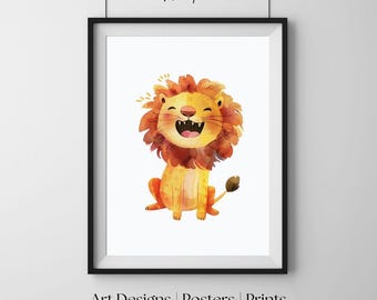 Zabawna ilustracja lwa, fantazyjna dekoracja ścienna do pokoju dziecięcego, wydruk artystyczny ze zwierzętami dla dzieci, plakat dekoracyjny Safari Jungle