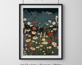 Łąka z dzikimi kwiatami w nocy, gwiaździsty botaniczny wydruk ścienny, plakat dekoracyjny z ciemnymi kwiatami, rustykalna, nowoczesna sztuka do domu