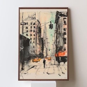 New York City Wall Art, Wall Art Print, Wall Art Poster, Moody Avenue Sketch, Yellow Taxi, Ink & Wash, Framed, Ready to Hang
