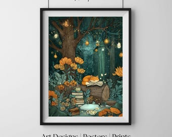 Fantastyczny lis w gaju, przytulna atmosfera z bajki, dekoracja ścienna do pokoju dziecięcego, wydruk artystyczny z ilustracją, plakat do pokoju dziecięcego
