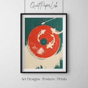 Koi Vinyl Record, Retro Japanese Minimal, Music Wall Art Print, Modern Graphic Decor Poster, Contemporary Home Art