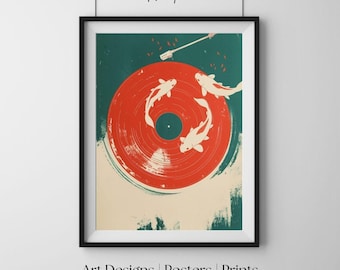 Disco de vinilo Koi, minimalista japonés retro, impresión de arte mural musical, póster de decoración gráfica moderna, arte contemporáneo para el hogar.