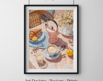 Śniadanie w kawiarni, Malarski styl śródziemnomorski, Sztuka na ścianę do kuchni, Plakat dekoracyjny do kawiarni, Sztuka kawowa do jadalni