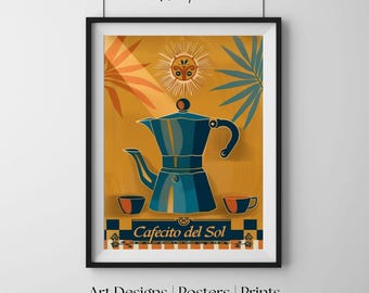 Plakat ścienny z kawą, plakat ścienny z kawą w stylu retro, plakat z nagietkiem w stylu vintage, Cafecito del Sol, wystrój kuchni, plakat ścienny