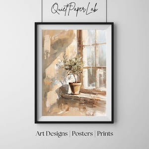 Op de afbeelding: Een ingelijste kunstdruk met een kamerplant op een vensterbank. Het kunstwerk heeft een warm kleurenpalet met beige, bruine en witte tinten. De tekst "Quiet Paper Lab" staat bovenaan en "Art Designs | Posters | Prints" onderaan.
