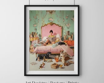 Mujer leyendo en la cama con perros, impresión artística vintage caprichosa, póster decorativo acogedor para dormitorio, arte femenino y elegante para sala de estar.