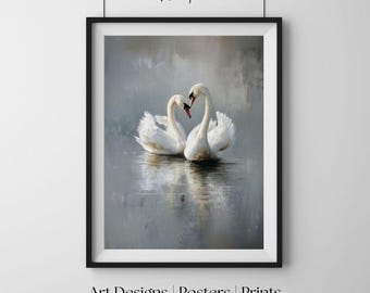 Odbicie pary łabędzi, romantyczny impresjonistyczny obraz olejny, sztuka ścienna o charakterze natury, wydruk artystyczny, plakat do sypialni