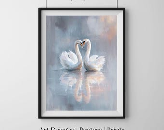 Romantyczny obraz olejny z łabędziem, impresjonistyczna sztuka ścienna, wydruk artystyczny z ptakiem miłości, plakat do sypialni i salonu
