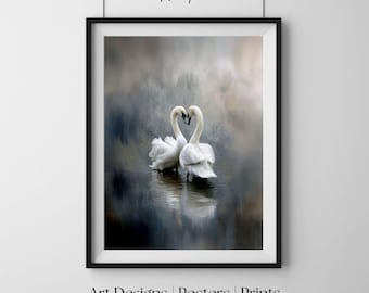 Zakochane łabędzie, impresjonistyczne malarstwo, romantyczna sztuka ścienna, elegancki wydruk artystyczny, plakat do salonu i sypialni