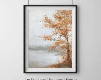Jesienne drzewo nad jeziorem, nastrojowy obraz olejny, rustykalny wydruk ścienny, plakat do salonu, nowoczesna galeria ścienna