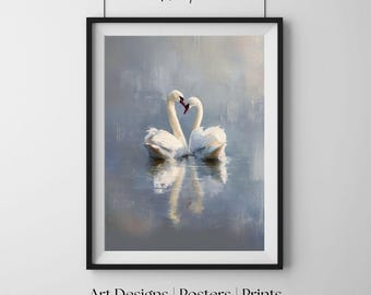 Para łabędzi na jeziorze, romantyczny impresjonizm, sztuka ścienna o charakterze natury, elegancki wydruk artystyczny, plakat do sypialni