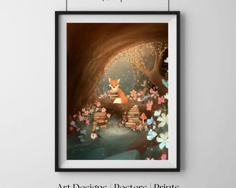 Lis czytający pod lampkami choinkowymi, Fantazyjna leśna dekoracja ścienna, Przytulny wydruk artystyczny z bajką, Plakat do pokoju dziecięcego