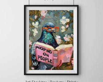 Książka do czytania z gołębiami, zabawny kwiatowy wzór, zabawny wydruk ścienny, plakat dekoracyjny w stylu retro