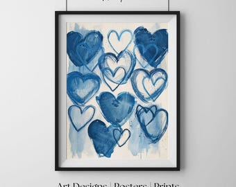 Könnte beinhalten: Gerahmter Kunstdruck mit blauen Herzformen in verschiedenen Designs. Das Kunstwerk hat einen Aquarell-Effekt, mit dem Text "Quiet Paper Lab" oben und "Art Designs | Posters | Prints" unten.