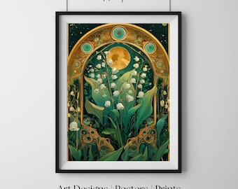 Moonlit Lily of the Valley, Art Nouveau Botanical Wall Art Print, Elegant Floral Decor Poster, Living Room Bedroom Wall Art