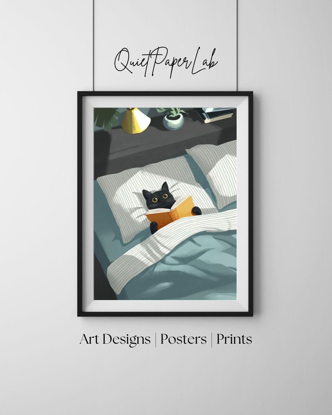 Black Cat Reading in Bed, Whimsical Cozy Illustration, Cute Wall Art ...
