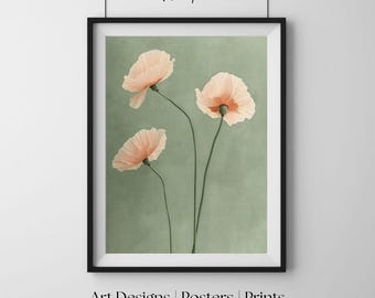 Sztuka ścienna z brzoskwiniowymi makami, wydruk artystyczny na ścianę, plakat, minimalistyczny motyw botaniczny, szałwiowa zieleń, nowoczesne motywy kwiatowe