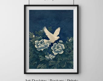 Gołąb z piwoniami, malarstwo ukiyo-e, elegancka sztuka ścienna, wyrafinowany wydruk artystyczny, ponadczasowy plakat dekoracyjny