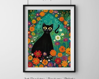 Gato negro en el jardín, ilustración caprichosa, lámina de gato para pared, póster floral, arte mural colorido