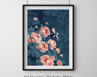 Kwitnące piwonie z ptakiem, japoński styl drzeworytu, elegancka sztuka ścienna, wyrafinowany wydruk artystyczny, ponadczasowy plakat dekoracyjny