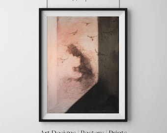 Cienista postać, surrealistyczne malarstwo ekspresjonistyczne, eteryczna sztuka ścienna, nowoczesny wydruk artystyczny, nastrojowy plakat dekoracyjny