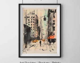 Escena callejera de Nueva York, boceto urbano, impresión de arte mural moderno, póster decorativo expresivo, obra de arte de paisaje urbano