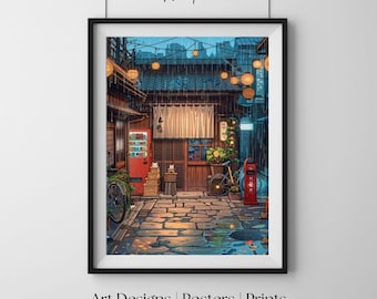 Japońska herbaciarnia, deszczowa noc, wydruk ścienny w stylu vintage, plakat do salonu i sypialni, wystrój azjatycki
