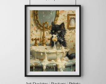 Czarny kot w zabytkowej umywalce, fantazyjna łazienka, zabawny wydruk ścienny, zabawny plakat dekoracyjny, zabawne dzieło sztuki przedstawiające zwierzę