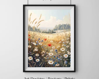 Letnia łąka z dzikimi kwiatami, botaniczna natura, jasny kwiatowy wydruk ścienny, plakat w rustykalnym stylu, nowoczesna sztuka do domu