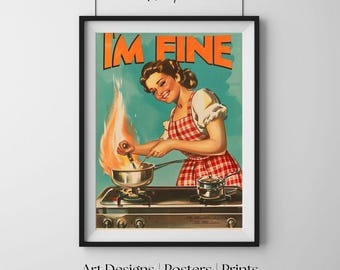 Retro ogień w kuchni, vintage pop-art, śmiały, zabawny wydruk ścienny, fantazyjny plakat dekoracyjny, humorystyczne dzieło sztuki