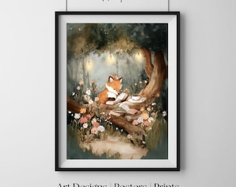 Lis czytający pod latarniami, bajkowa fantazja, dekoracja ścienna do pokoju dziecięcego, wydruk artystyczny z ilustracją, plakat do pokoju dziecięcego