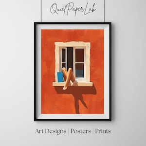 May include: Framed art print showing an orange wall with a white-framed window. The artwork depicts legs resting on the windowsill with a blue book. The text "Quiet Paper Lab" is at the top, and "Art Designs | Posters | Prints" is at the bottom.