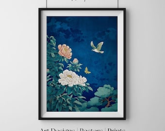 Piwonie i ptak, japoński styl drzeworytniczy, elegancka sztuka ścienna, ponadczasowy wydruk artystyczny, klasyczny plakat dekoracyjny